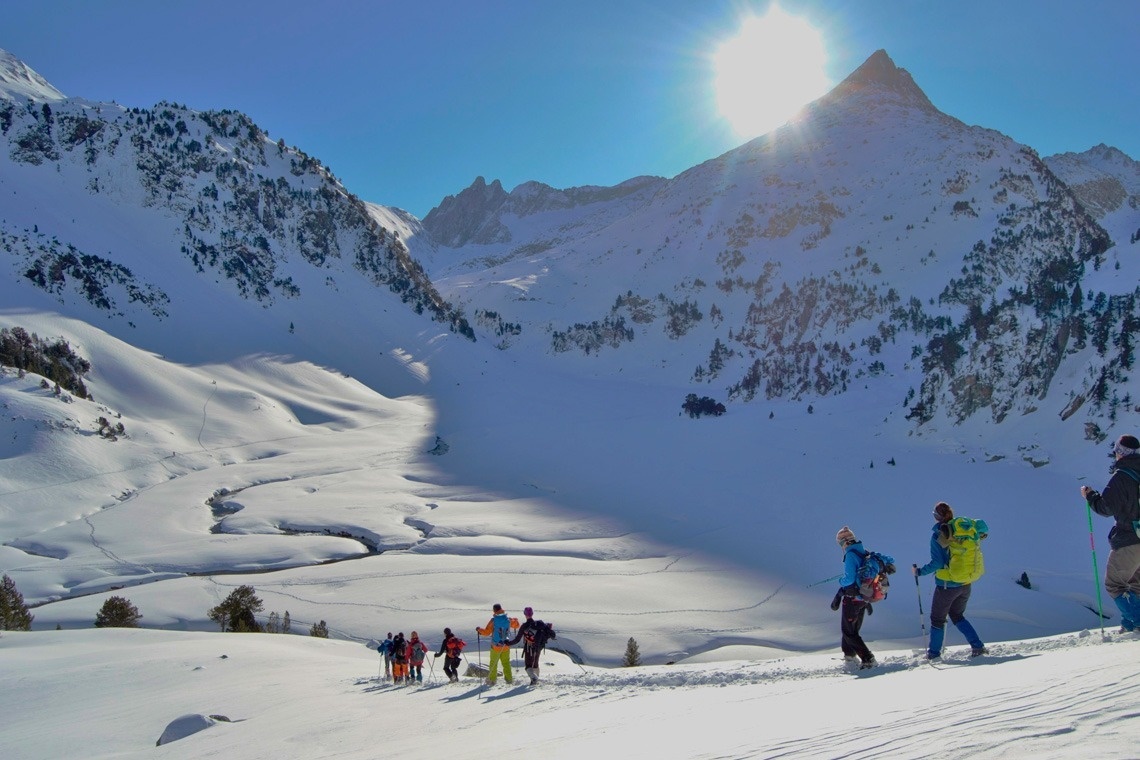 un grupo de personas con mochilas camina por un campo