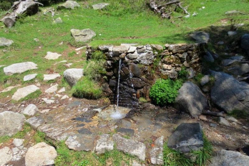 una pequeña cascada está rodeada de rocas y hierba