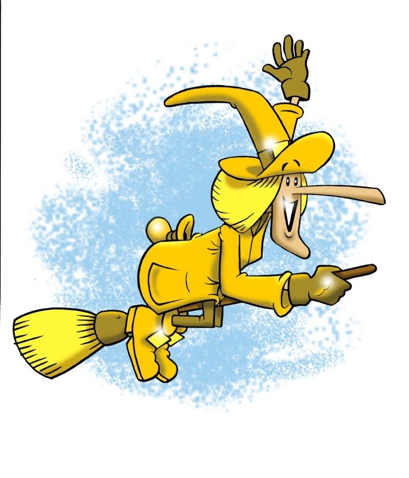 a yellow witch is flying on a broom and pointing