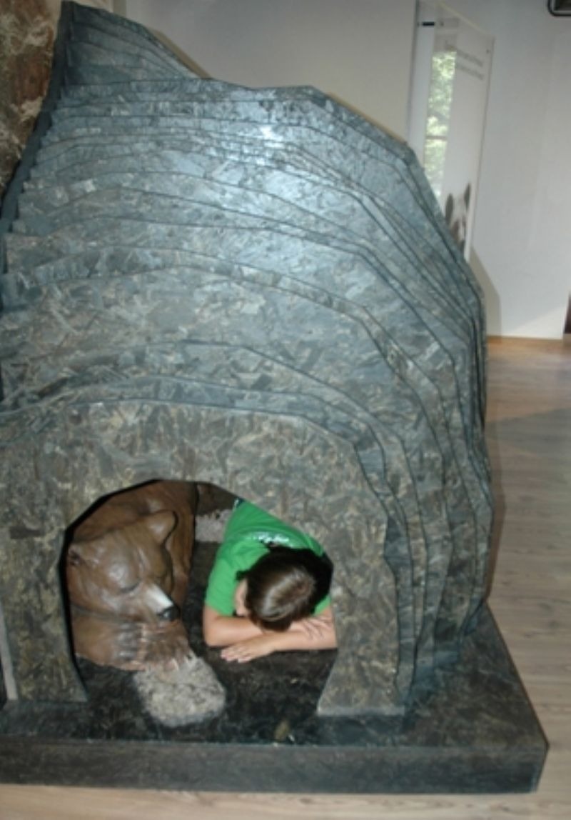 un niño con una camisa verde se sienta en una cueva junto a una estatua de un oso