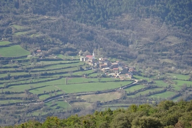 un pueblo en la ladera de una montaña rodeada de árboles