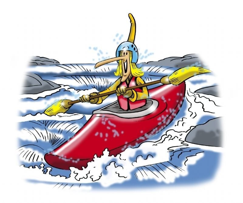 a cartoon of a woman in a red kayak