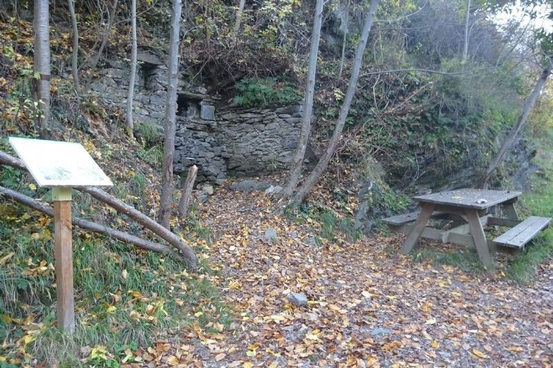 una taula de pícnic de fusta a la ladera d' un bosc