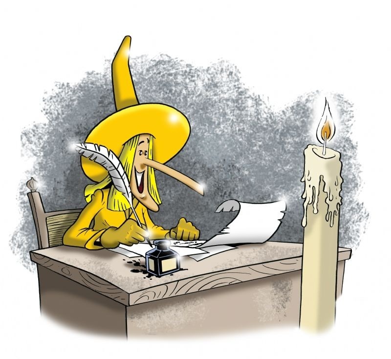 a cartoon of a witch writing on a piece of paper next to a candle