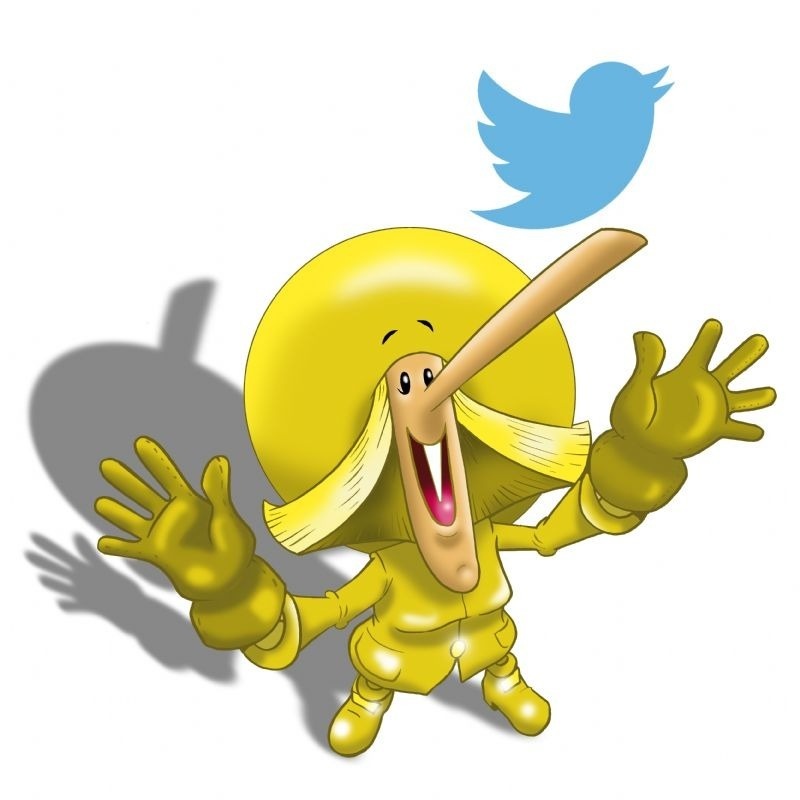 a cartoon character with a long nose and a twitter icon behind him