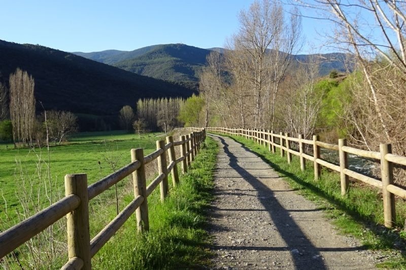un camino de tierra a través de un campo verde con una cerca de madera