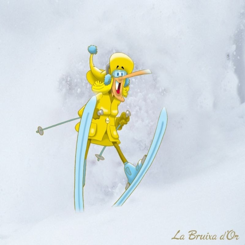 a cartoon of a person skiing with la bruixa d' or written on the bottom