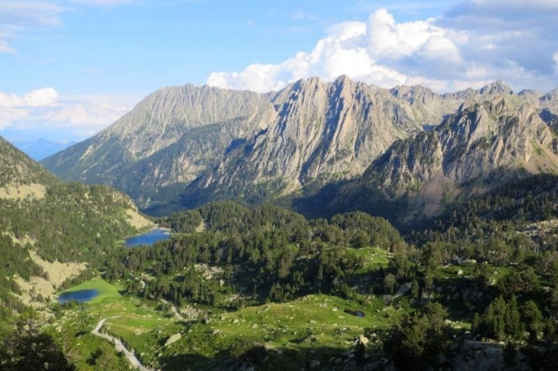 un valle con montañas y árboles y un pequeño lago