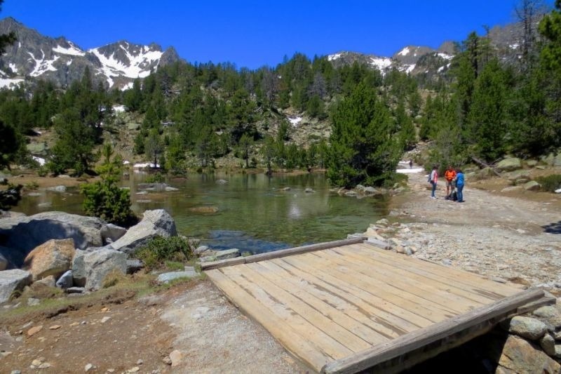 un puente de madera conduce a un lago con montañas en el fondo