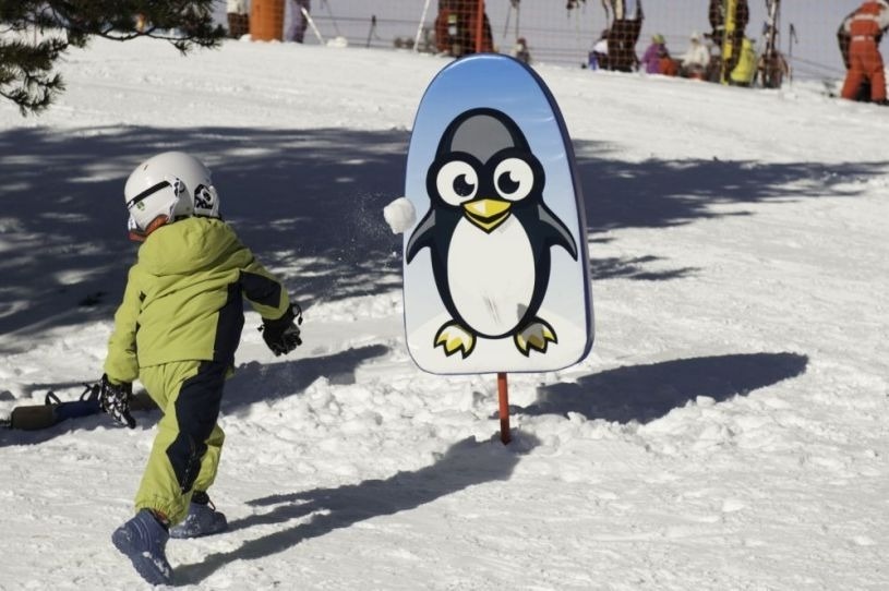 un petit garçon se tient devant une planche à neige avec un pingouin dessus