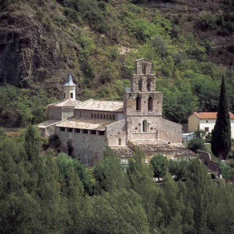 a large stone building is surrounded by trees on a hillside
