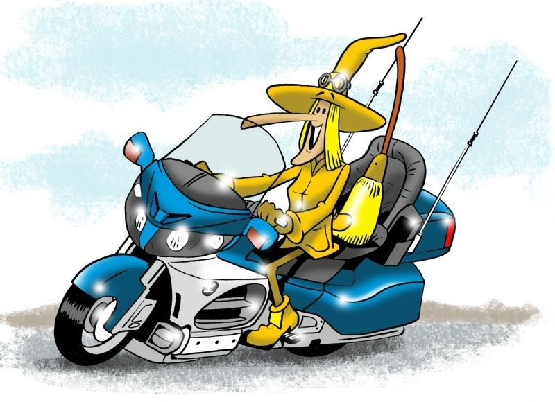 a cartoon of a witch riding a motorcycle