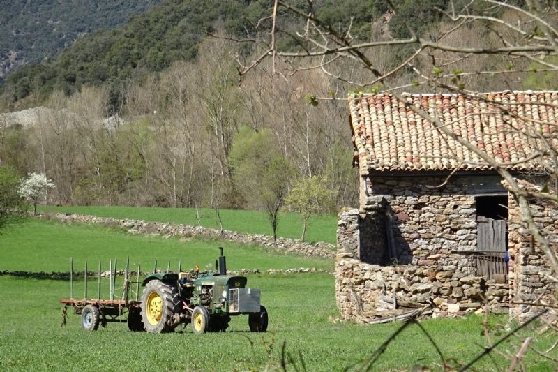un tractor con un remolque de madera está estacionado en un campo