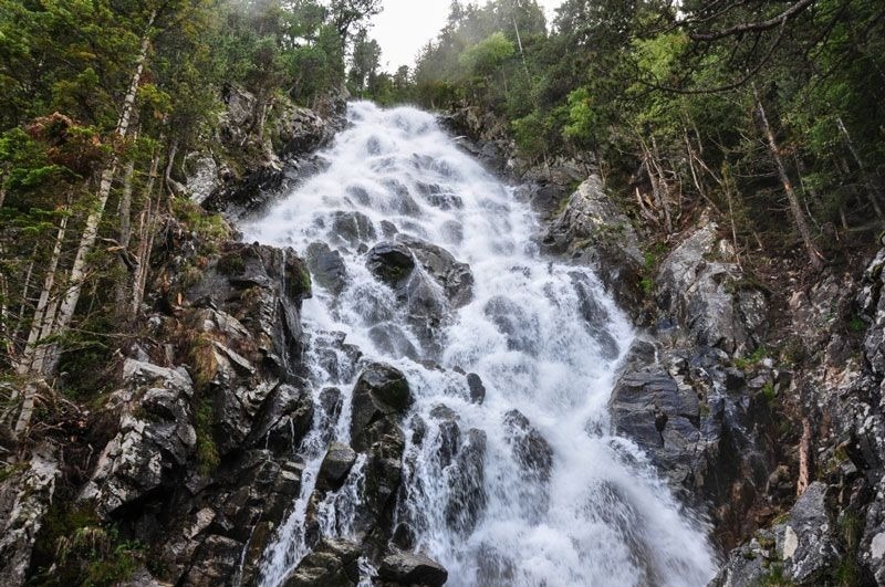 una cascada en la ladera de una montaña rodeada de árboles