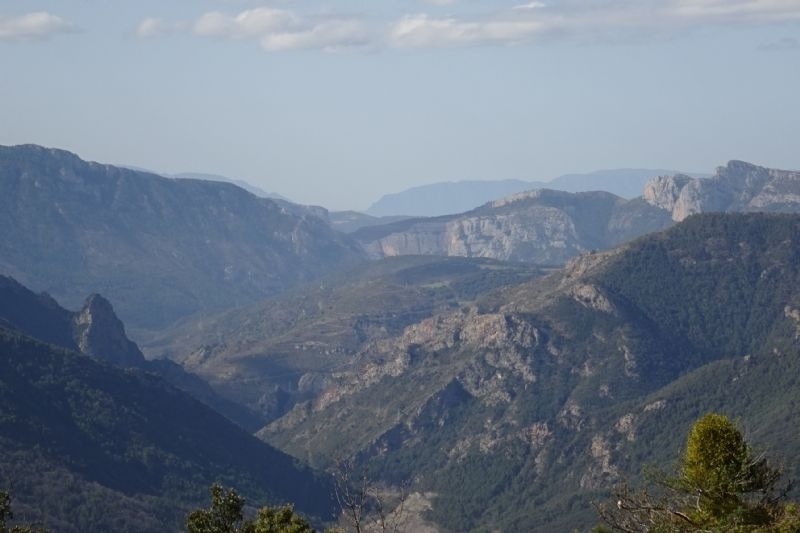 a view of a valley with mountains in the background