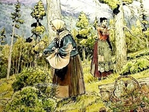 une peinture de deux femmes cueillant des baies dans une forêt .