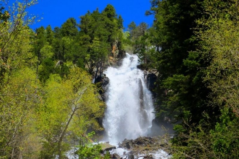 una cascada está rodeada de árboles verdes y un cielo azul