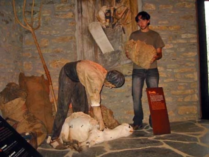 a man is standing next to a statue of a man cutting a sheep .