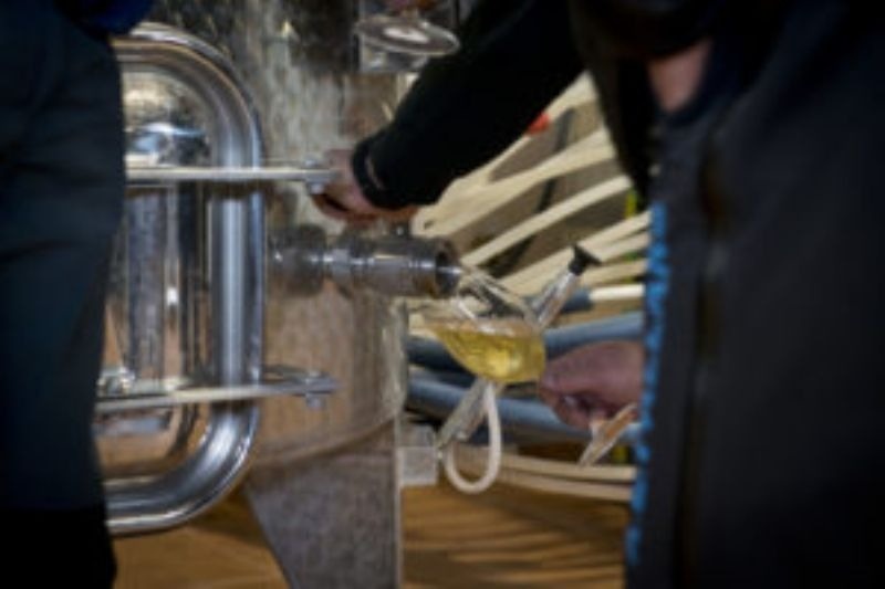 a person pouring a glass of wine into a container
