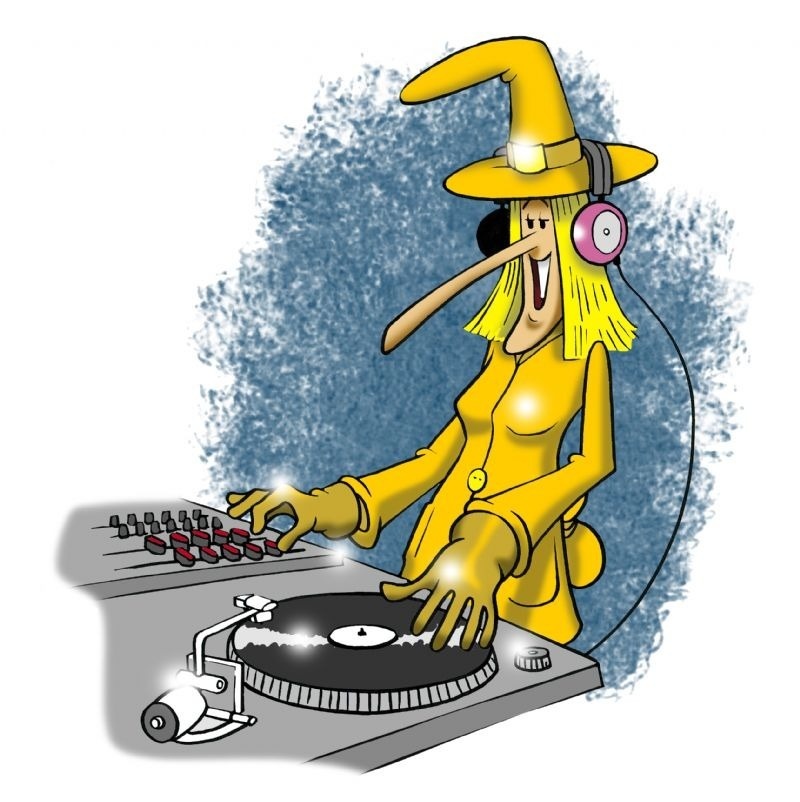 a cartoon of a witch playing a record on a turntable