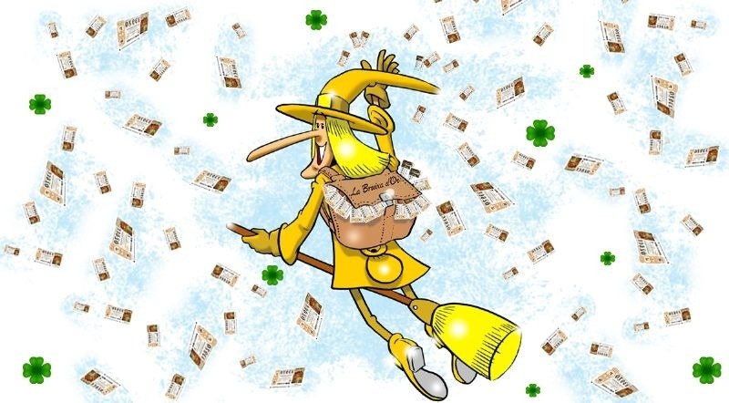 a cartoon of a witch with a purse that says la borsa d' oro