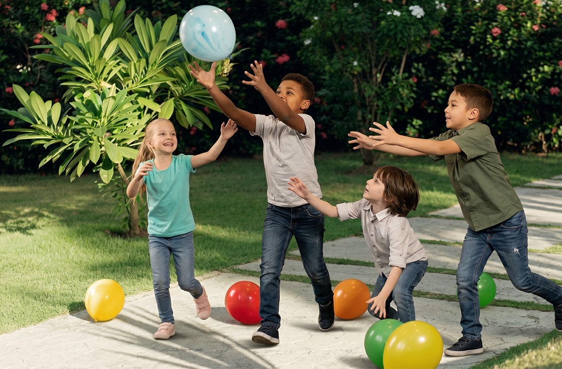 Niños jugando con globos en un jardín soleado, LHVC Resorts: Corpo divertido.