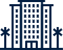 a blue icon of a tall building with palm trees in the background