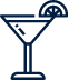 a blue icon of a martini glass with a lemon slice on a black background .