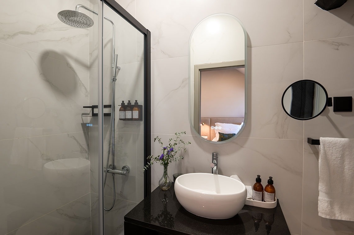 a bathroom with a sink a mirror and a shower