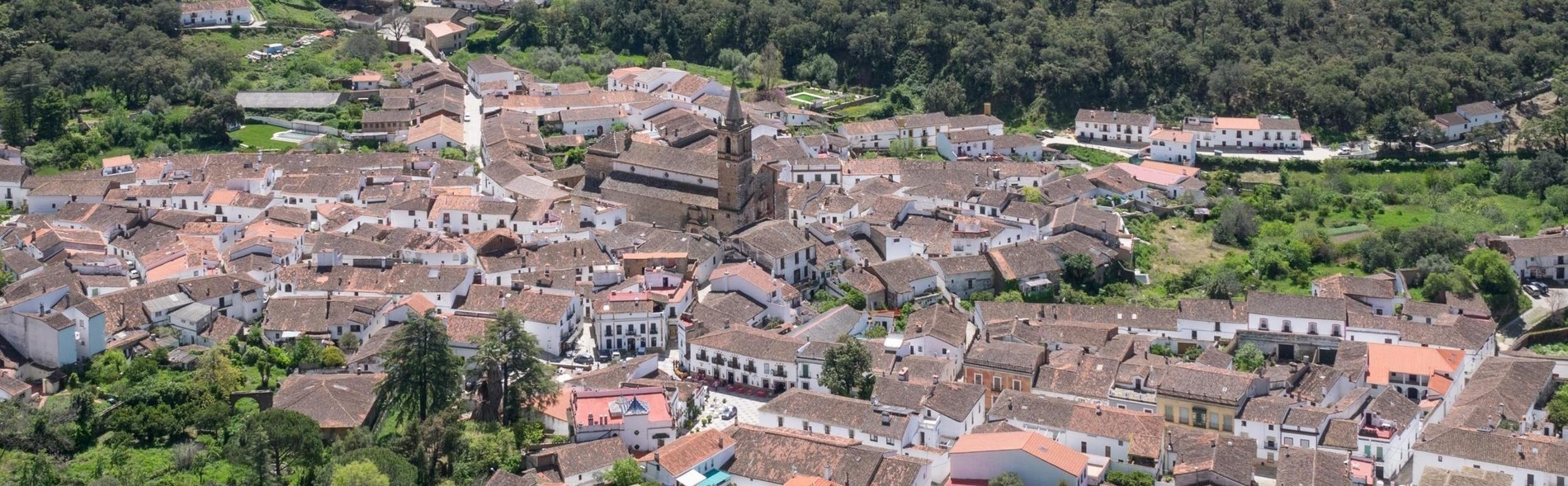 una vista aérea de un pequeño pueblo rodeado de árboles
