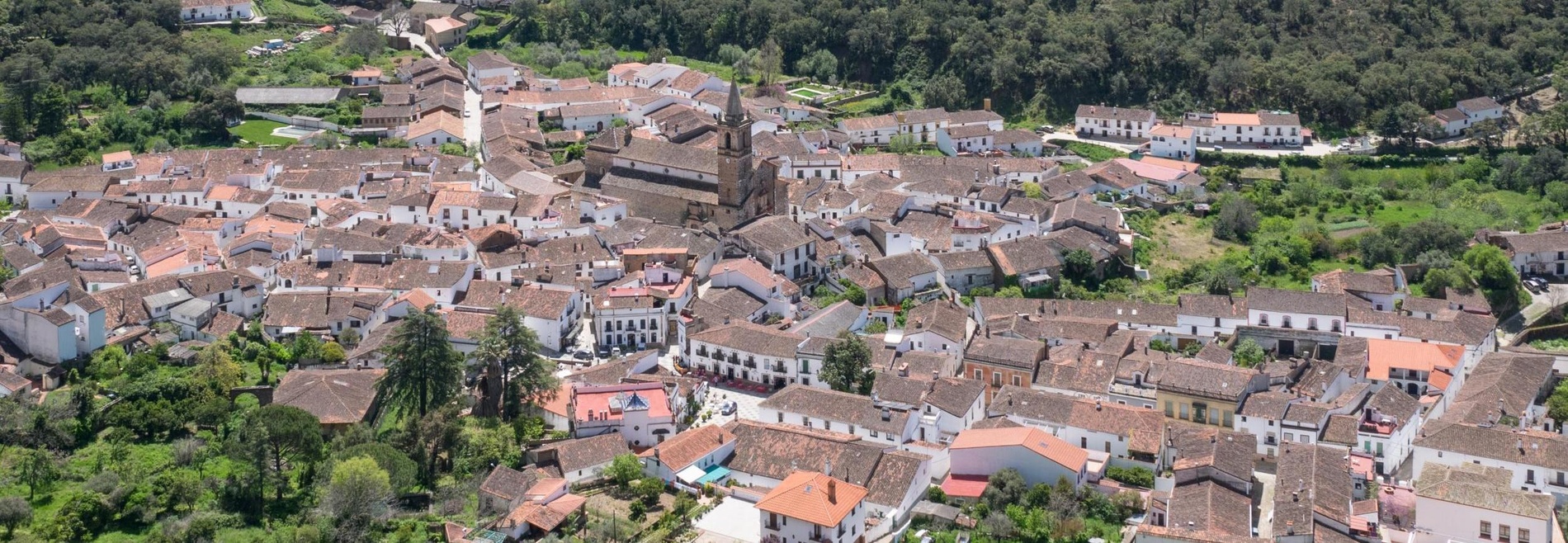 una vista aérea de un pequeño pueblo rodeado de árboles