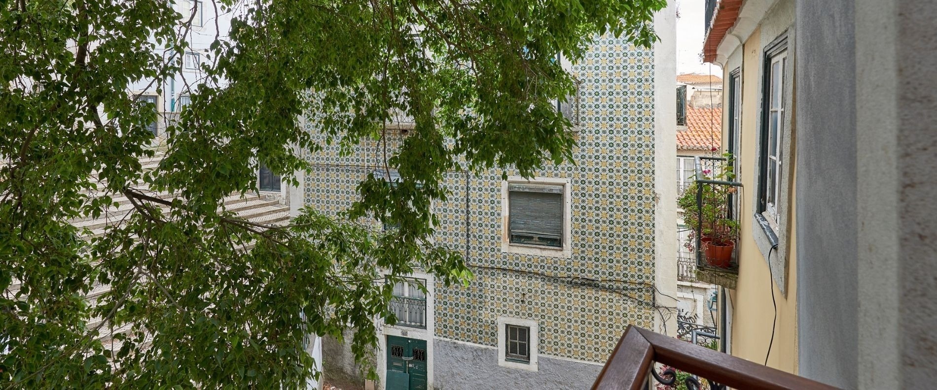 a view of a building with a tree in the foreground