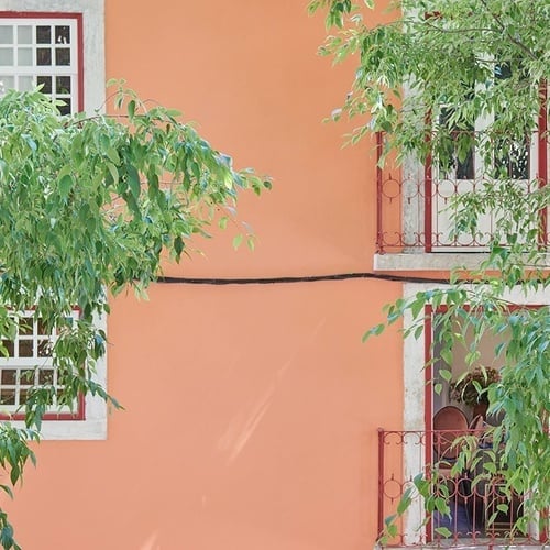 a building with a balcony and a tree in front of it