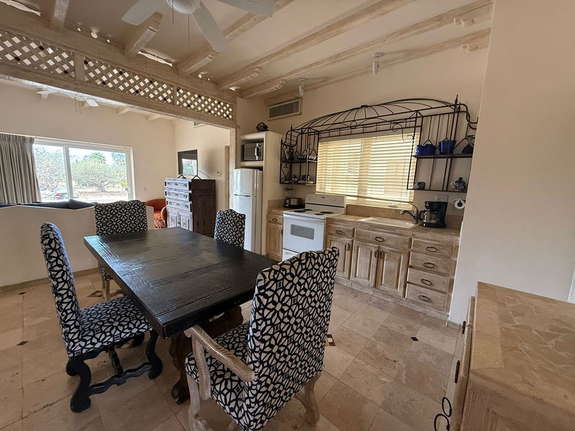 Interior de una casa con un comedor y cocina de concepto abierto, con muebles de madera, sillas estampadas y un ventanal con vista al exterior.