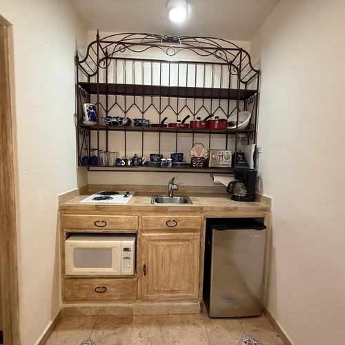 Una pequeña cocineta equipada con encimera, fregadero, estufa eléctrica, microondas, mini-nevera y una estantería de hierro forjado con menaje.