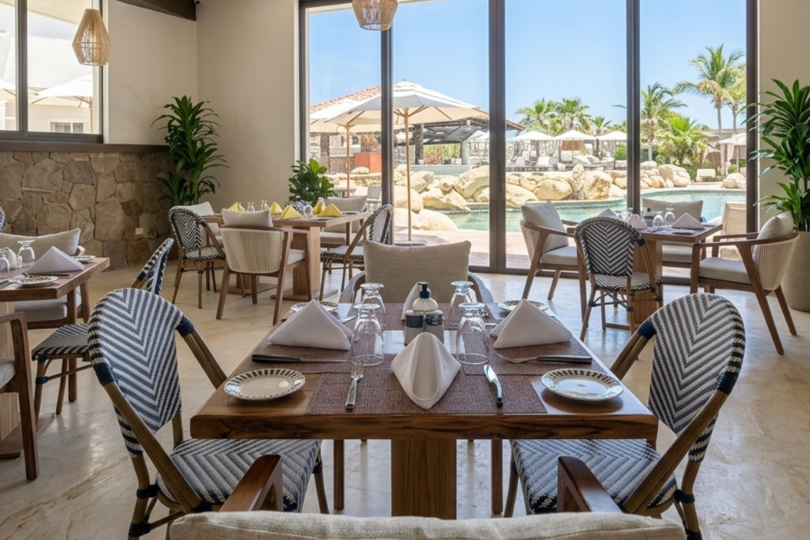 An indoor dining area features set tables and chairs, a buffet counter with chafing dishes, and large windows offering a view of an outdoor pool area with lounge chairs.