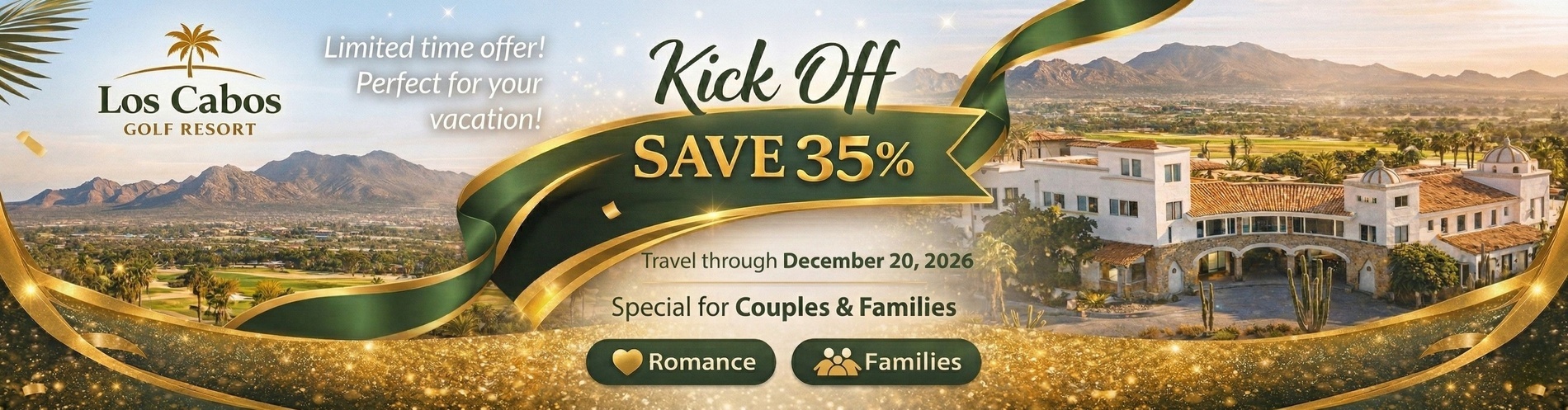 Un putting green de golf con palmeras y edificios de estilo resort al fondo, bañado por la cálida luz dorada del atardecer o amanecer.