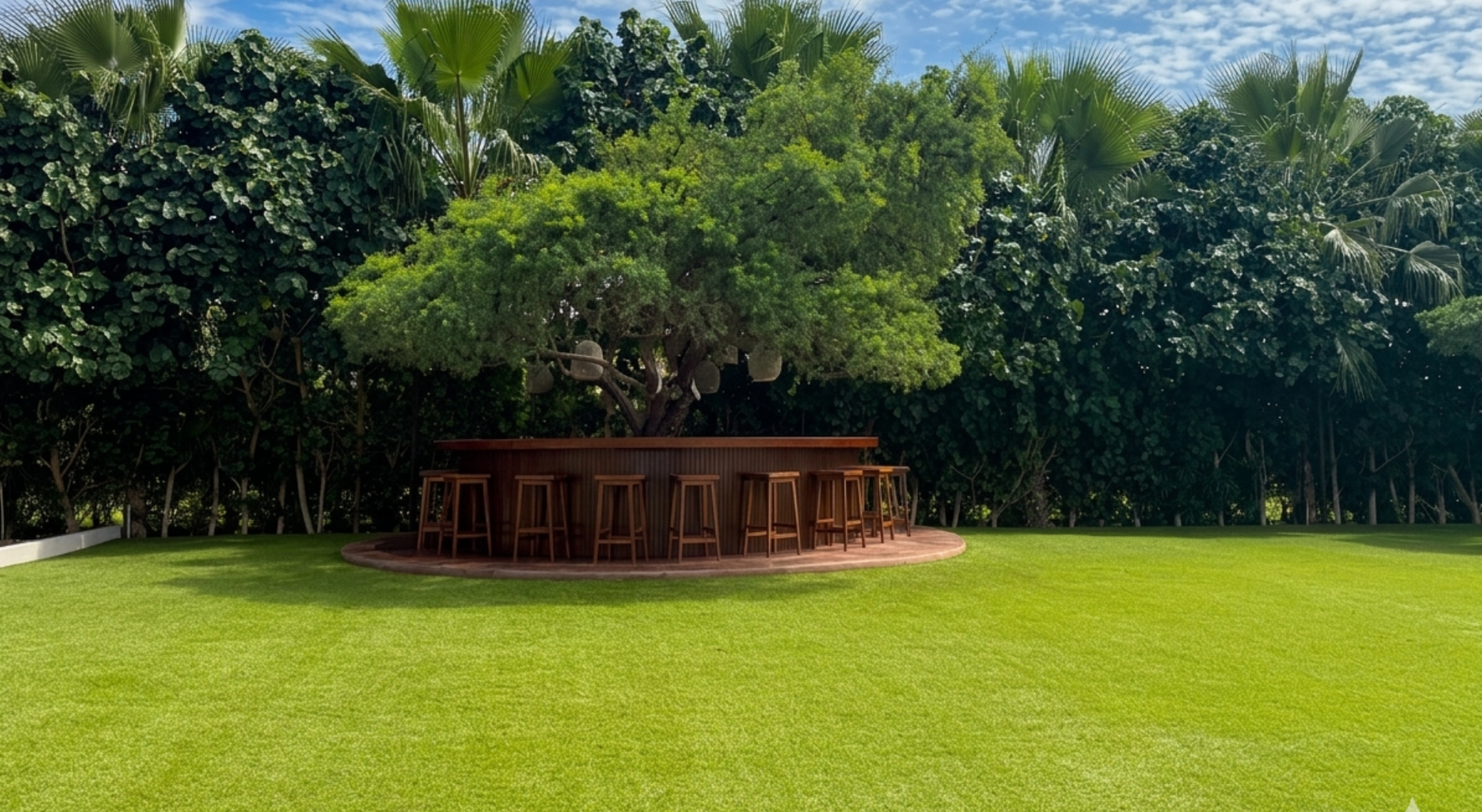 Una piscina de resort con tumbonas y sombrillas, elementos rocosos y un campo de golf con montañas y vegetación desértica al fondo.