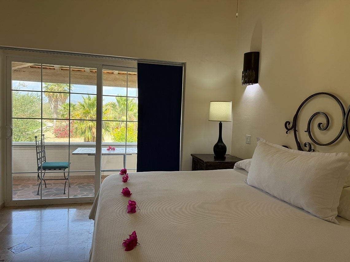 Un dormitorio luminoso con una cama blanca adornada con flores rosadas, junto a un ventanal que da a un patio exterior con vista a palmeras y vegetación.