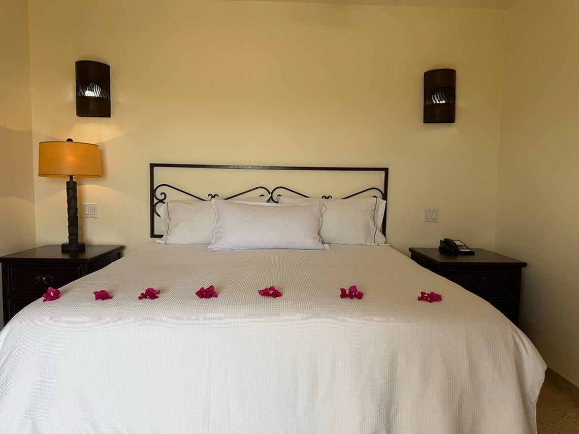 Una cama de matrimonio adornada con pétalos de flores fucsias reposa en una habitación iluminada por lámparas de noche y apliques de pared.