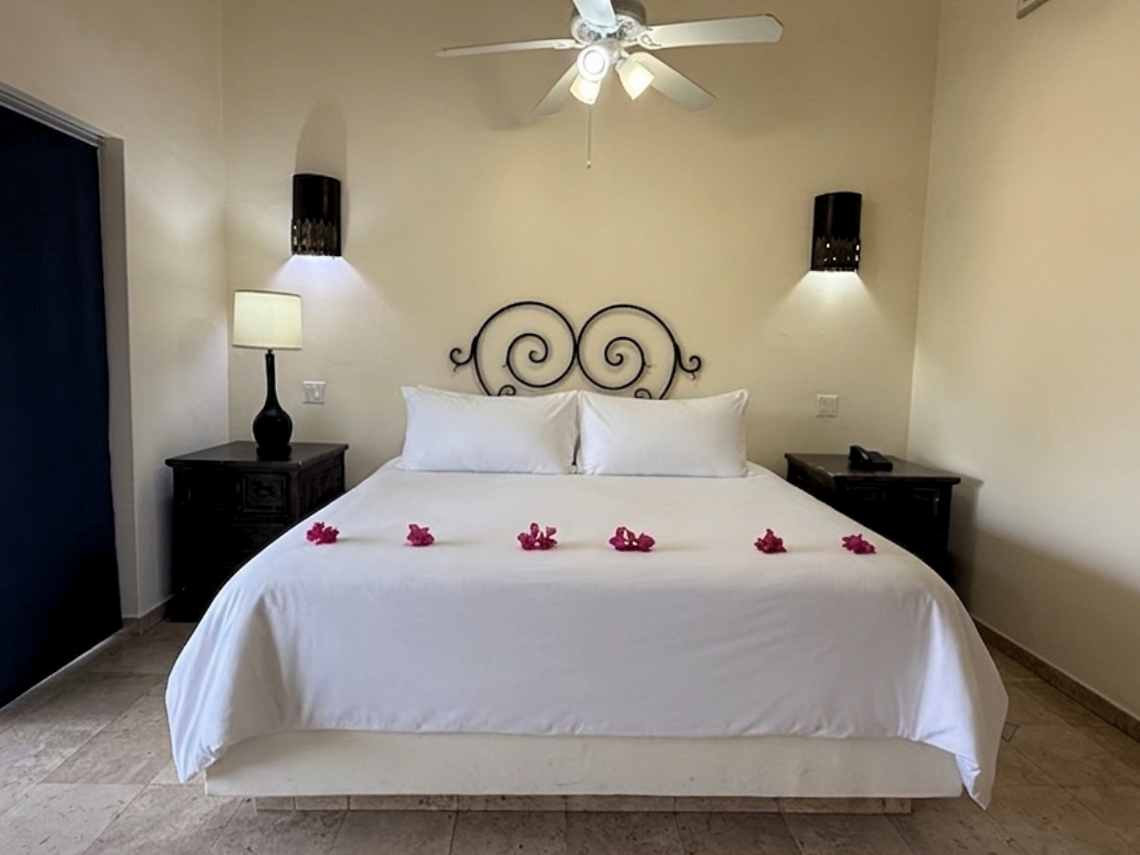 A brightly lit bedroom features a large bed adorned with red flowers, a ceiling fan, and a sliding glass door opening to a private balcony with outdoor seating and a picturesque view of hills and greenery.