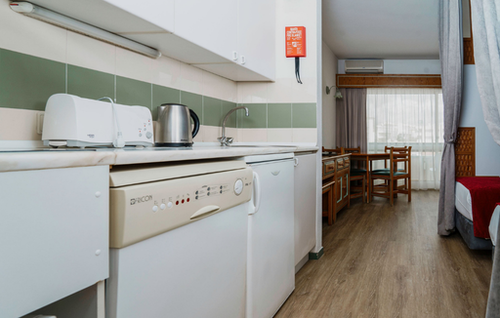 An open-plan studio apartment is shown with a compact kitchen area on the left, a dining set, and a bed visible on the right, all featuring a wooden floor.