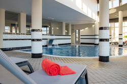 Indoor swimming pool with waterfall and lounge chairs, perfect for Luna Corporativa relaxation.