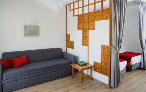 A room features a grey sofa with red pillows and a wooden side table, separated by a geometric wooden and white partition from a sleeping area with two beds and grey curtains.
