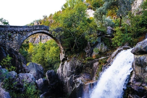 a stone bridge over a waterfall with trees in the background