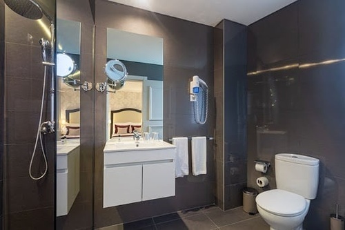 Modern hotel bathroom with shower, vanity, and toilet. Luna Corporativa
