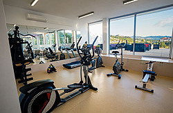 Gimnasio Luna Corporativa con máquinas de ejercicio y espejos.
