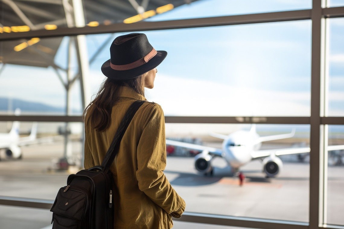 una mujer con sombrero y mochila mira un avión en el aeropuerto