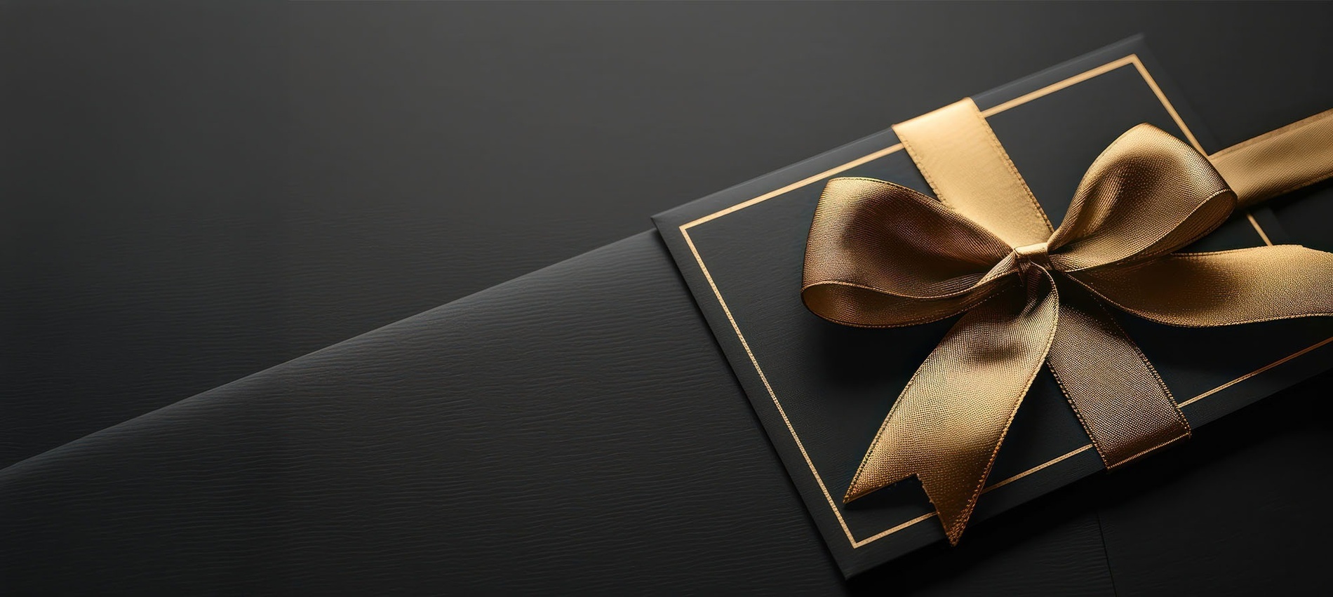A luxurious black gift box adorned with a shimmering golden ribbon and bow, and a subtle gold border, rests diagonally on a dark, textured surface.
