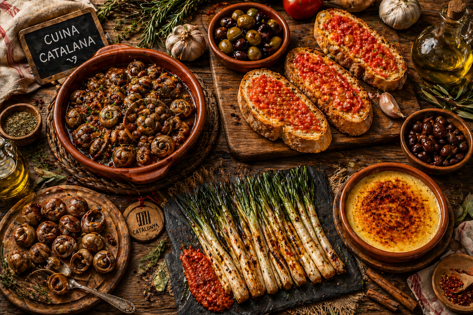 L'image présente un triptyque de plats catalans traditionnels, incluant du pain à la tomate, des escargots et une crème catalane.